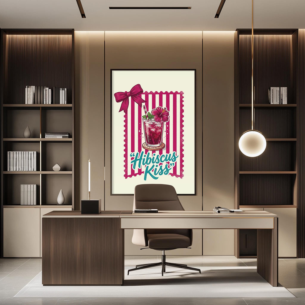 a modern office space with a desk, chair, and bookshelves. There is a framed poster on the wall with a pink and white striped design and the text "Hibiscus Kiss".
