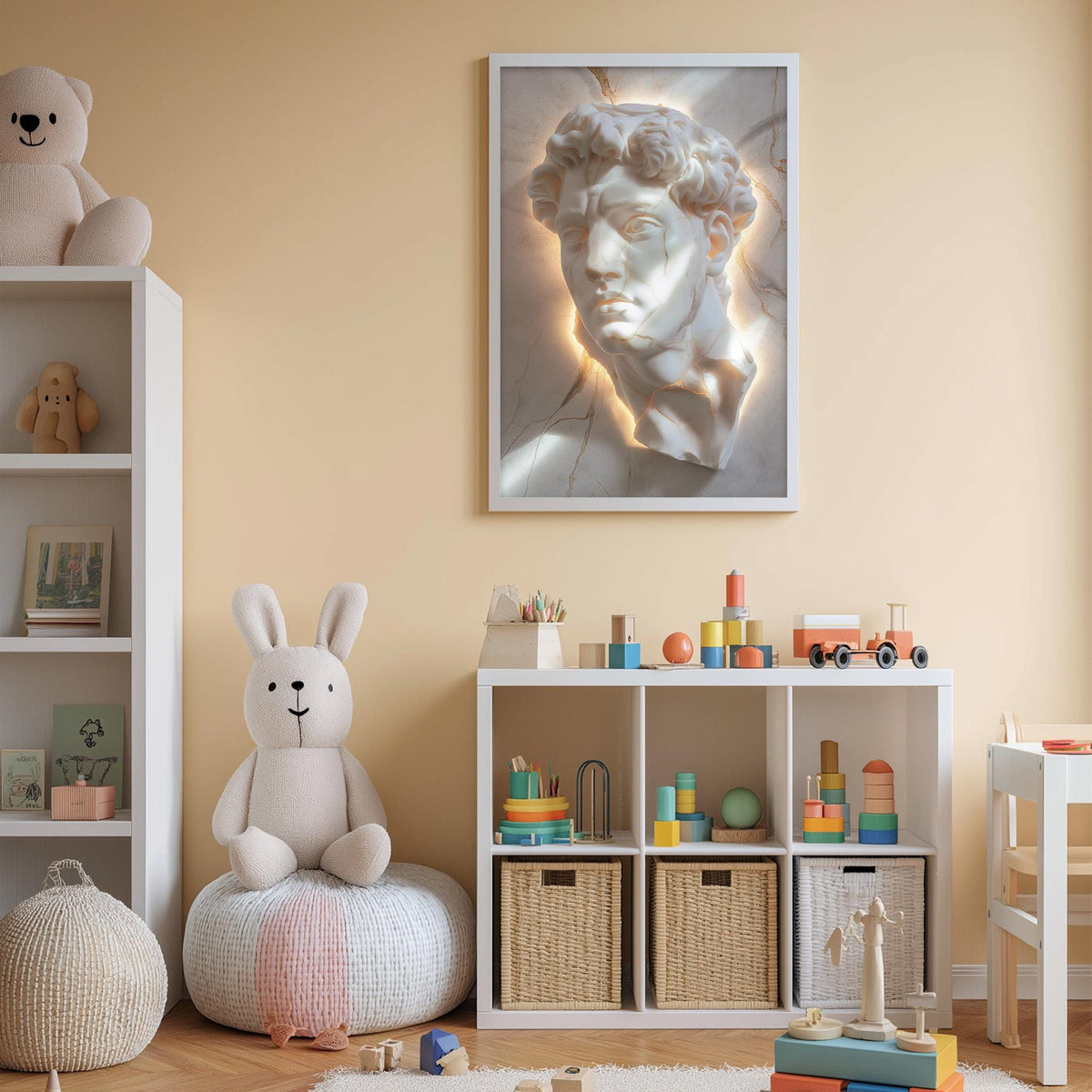 A child's bedroom with a white bookshelf, a stuffed rabbit, a toy train, and a framed artwork of a man's face on the wall.