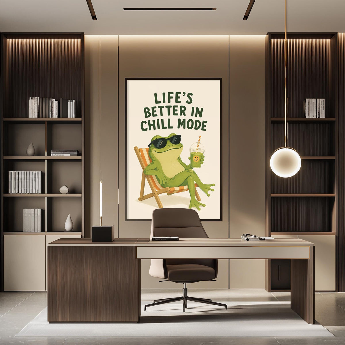 a modern office space with a large framed poster of a frog sitting in a chair, holding a drink and wearing sunglasses, with the text "Life's better in chill mode" displayed on the poster.