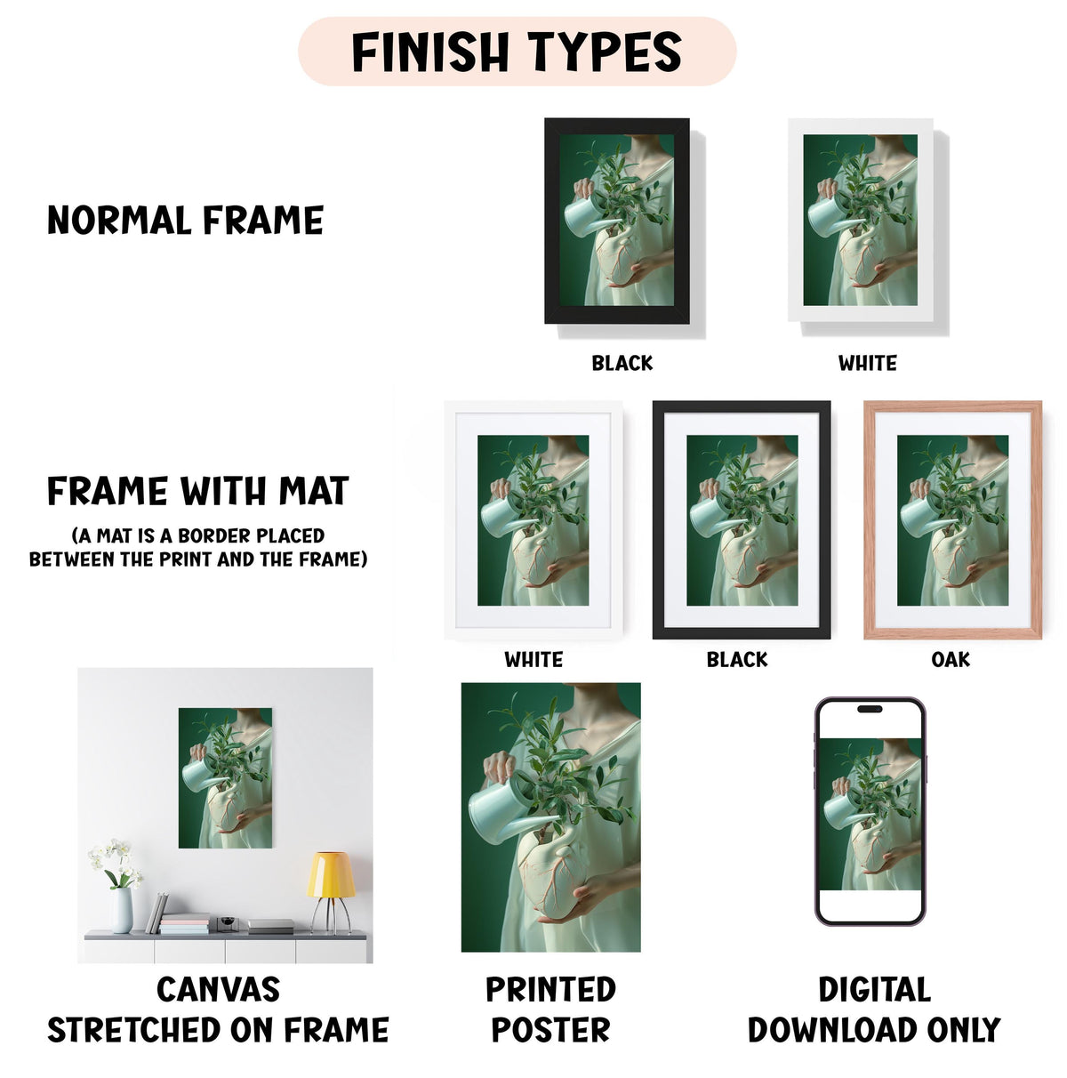 various types of framed artwork, including a normal frame, a frame with a mat, a white frame, a black frame, a white frame, a black frame, and an oak frame. There are also images of a person holding a plant, a printed poster, and a digital download. The text labels the different frame types and the artwork displayed.