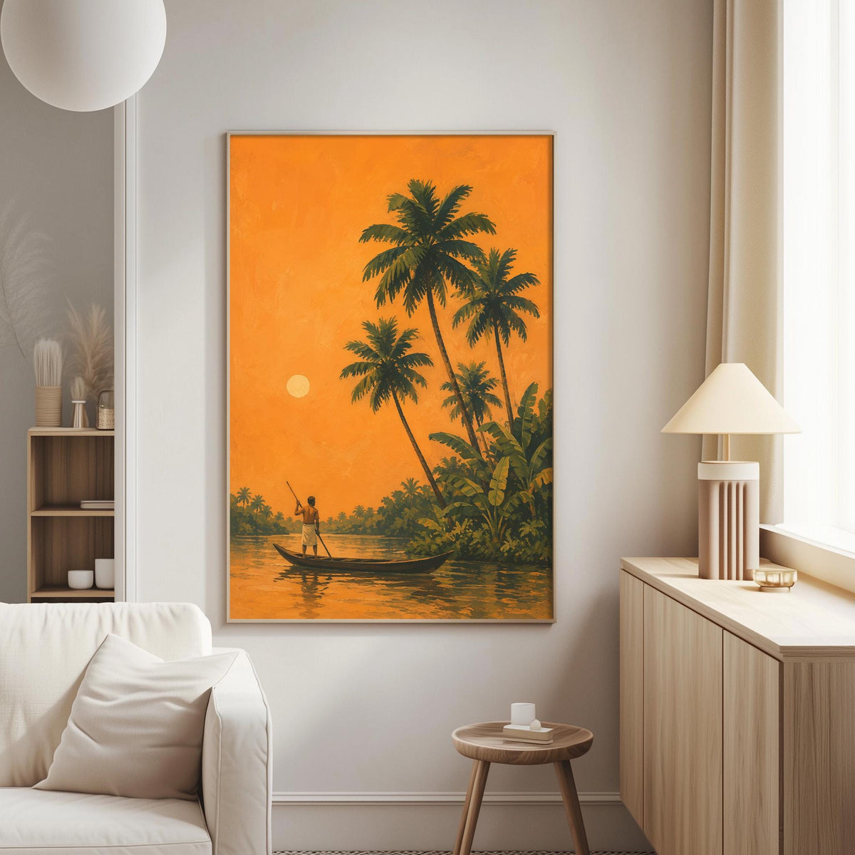 a large painting of a tropical scene with palm trees, a boat, and a sunset on the water.