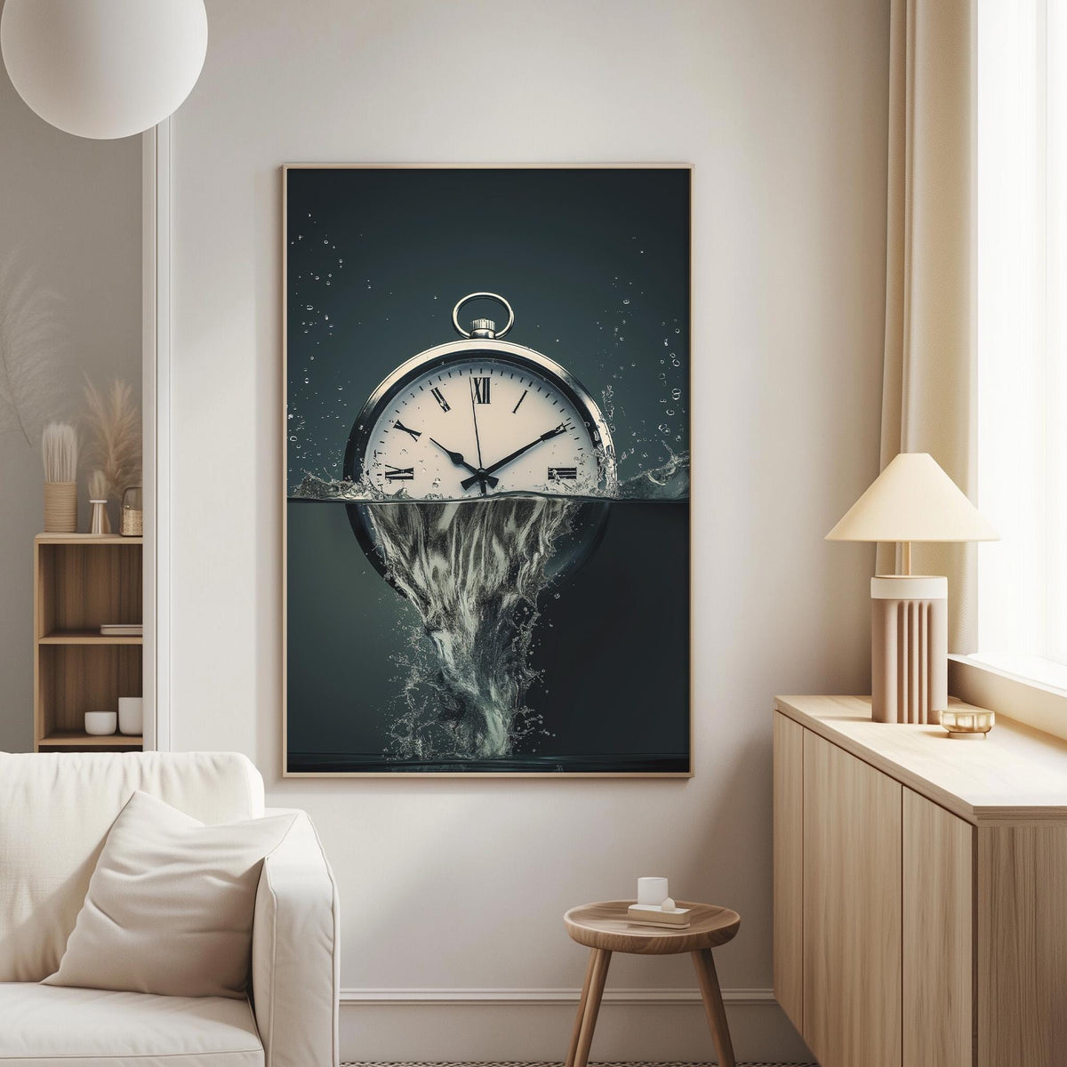 a large clock with a water-like effect, creating a surreal and dreamlike atmosphere.