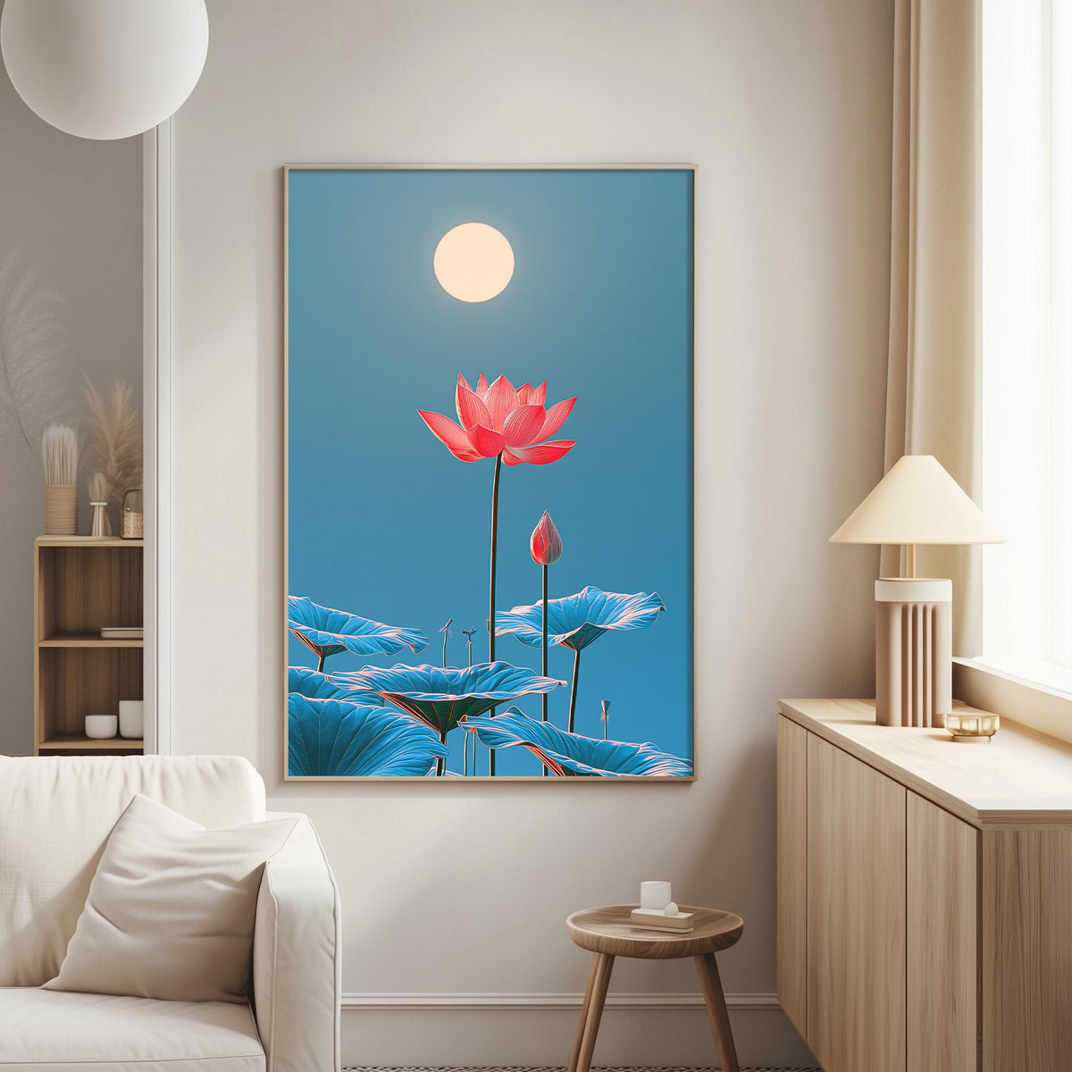 a large framed painting of a pink lotus flower against a blue sky with a full moon, hanging on a wall in a living room.