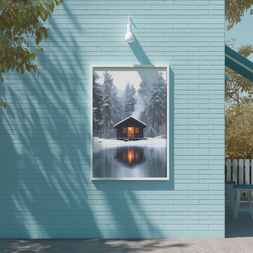 A framed photograph of a cabin surrounded by snow-covered trees is displayed on a light blue wall, with a white light fixture above it.