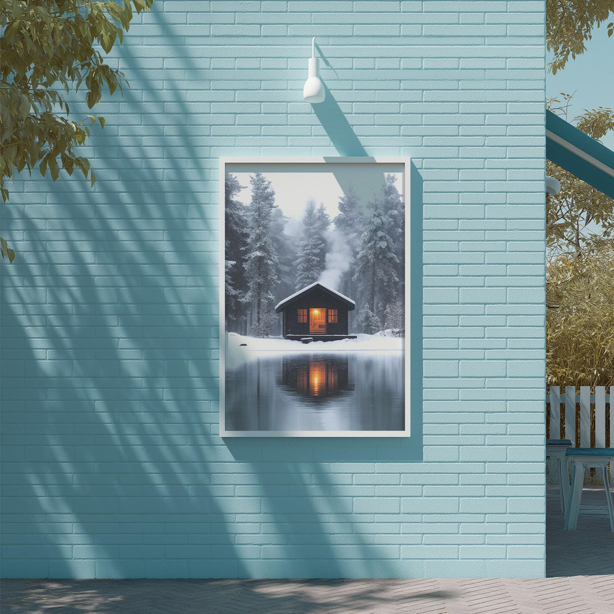 A framed photograph of a cabin surrounded by snow-covered trees is displayed on a light blue wall, with a white light fixture above it.