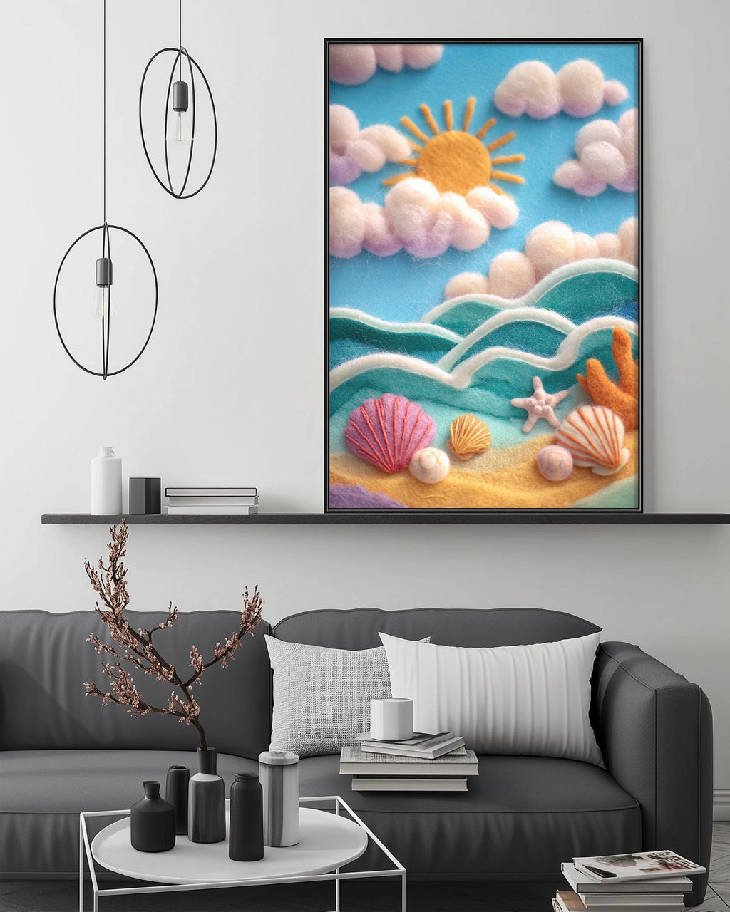 a cozy living room with a gray sofa, a coffee table, and a framed artwork depicting a beach scene with a sun, clouds, and seashells.