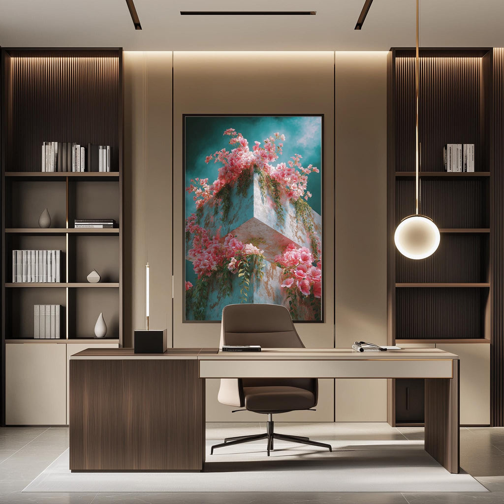 a modern and stylish office space with a large framed artwork of pink flowers on the wall, a wooden desk with a chair, and built-in bookshelves.