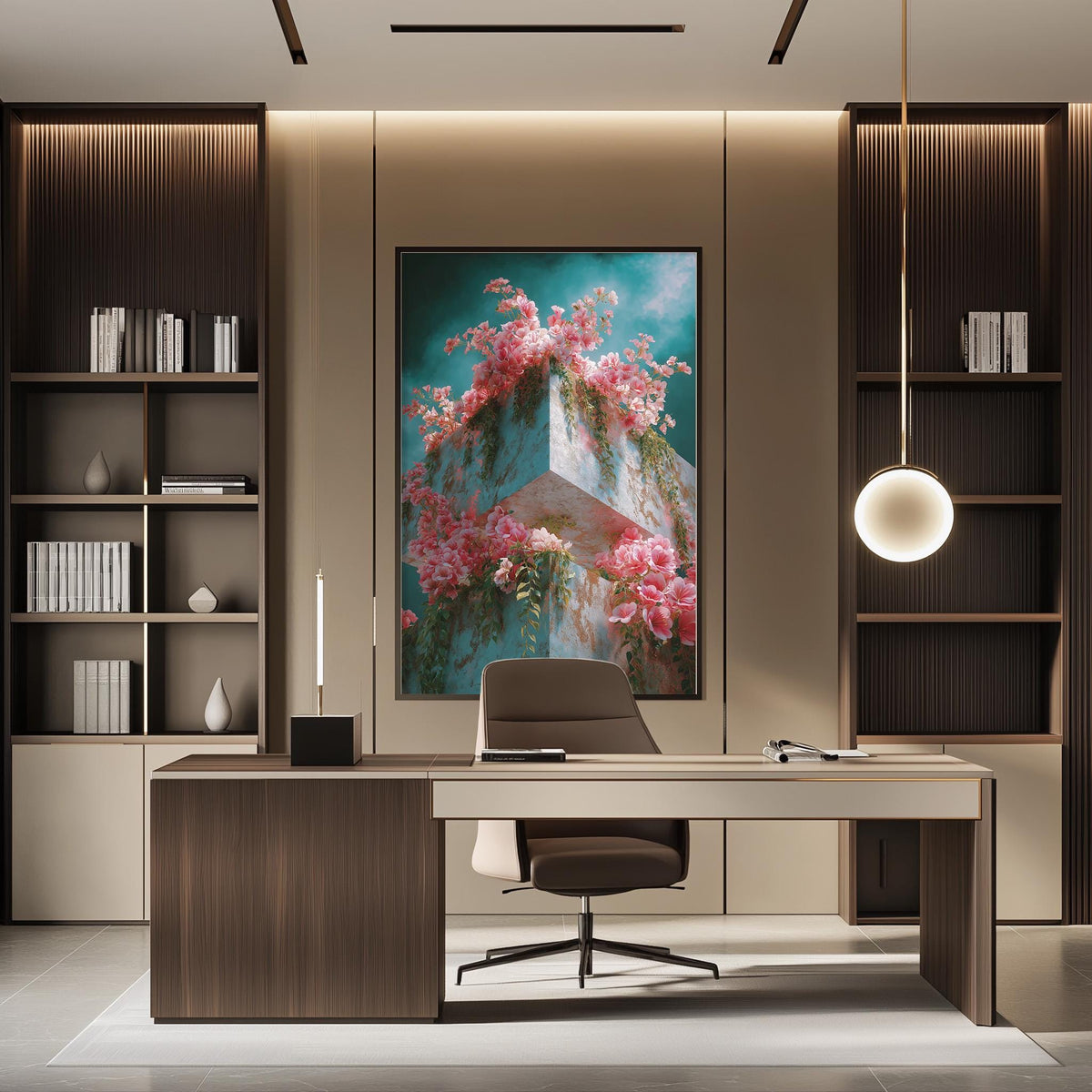 a modern and stylish office space with a large framed artwork of pink flowers on the wall, a wooden desk with a chair, and built-in bookshelves.
