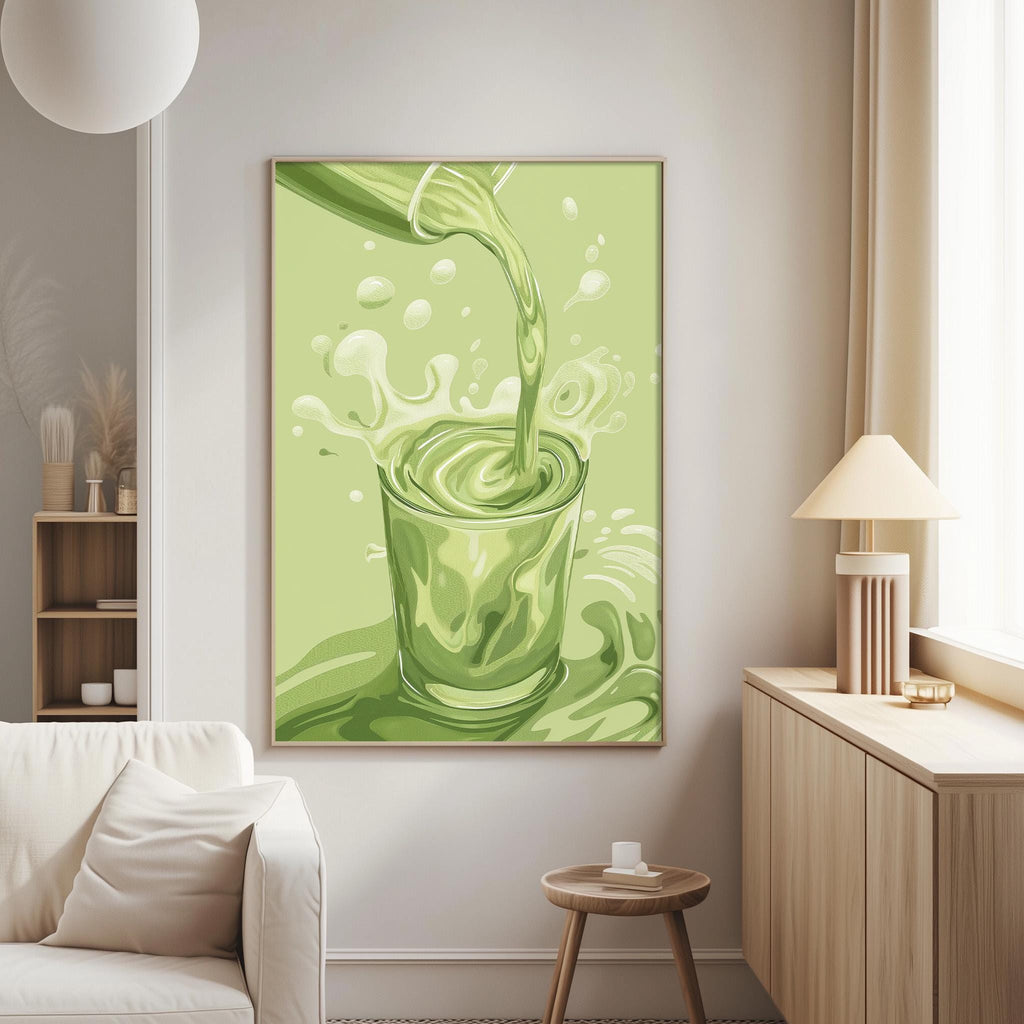 a large green painting of a glass with a green liquid being poured into it, hanging on a wall in a living room.