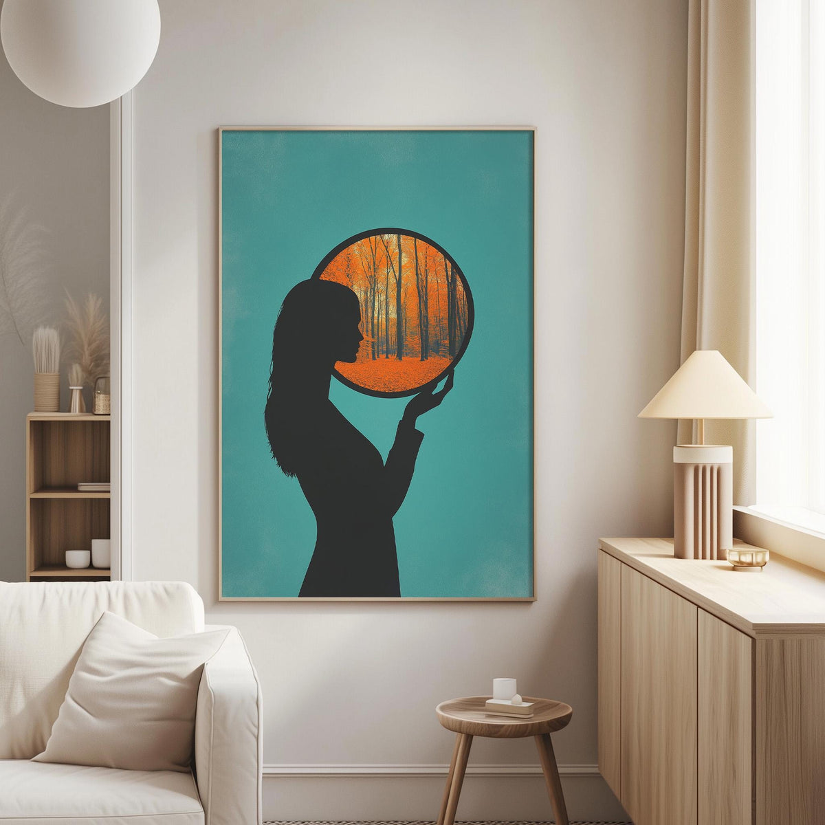 a living room with a large framed artwork depicting a silhouette of a person holding a mirror up to a circular window with a forest scene behind it.