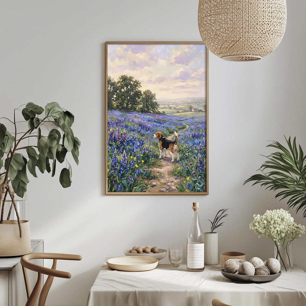a painting of a dog walking through a field of flowers, with a serene landscape in the background. The painting is hung on a wall above a dining table, which has various items on it, including a bottle, a bowl, and a vase. The table is set with a white tablecloth and a bowl of fruit, creating a cozy and inviting atmosphere.