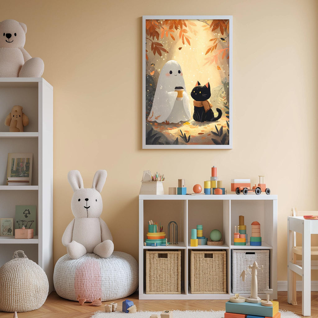 A cozy children's room with a white bookshelf, a plush bunny, a stuffed ghost, and a toy train. The walls are painted a light peach color, and there is a framed picture of a forest scene with a black cat and a white ghost.