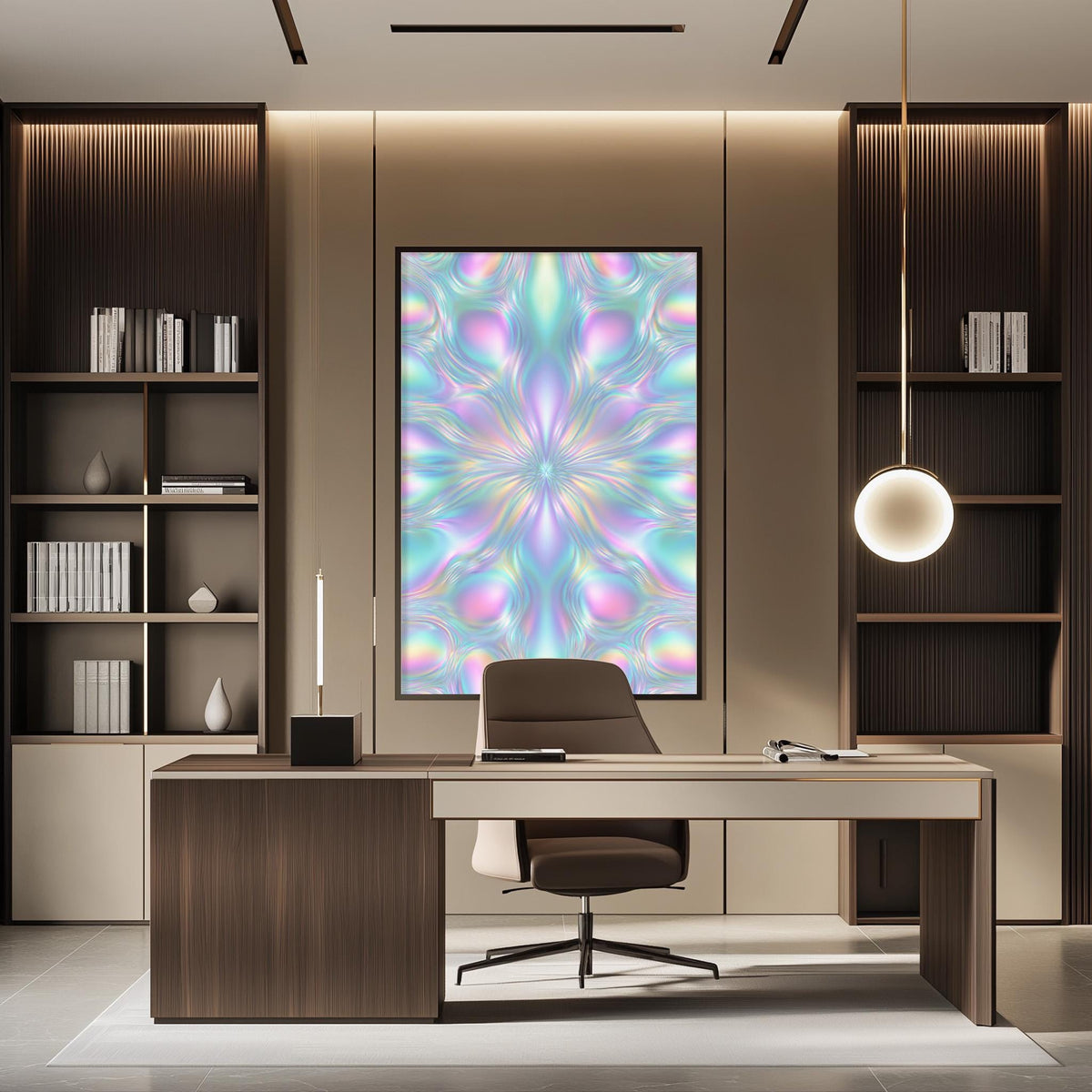 a modern and stylish office space with a large abstract painting on the wall, a wooden desk with a chair, and built-in bookshelves.