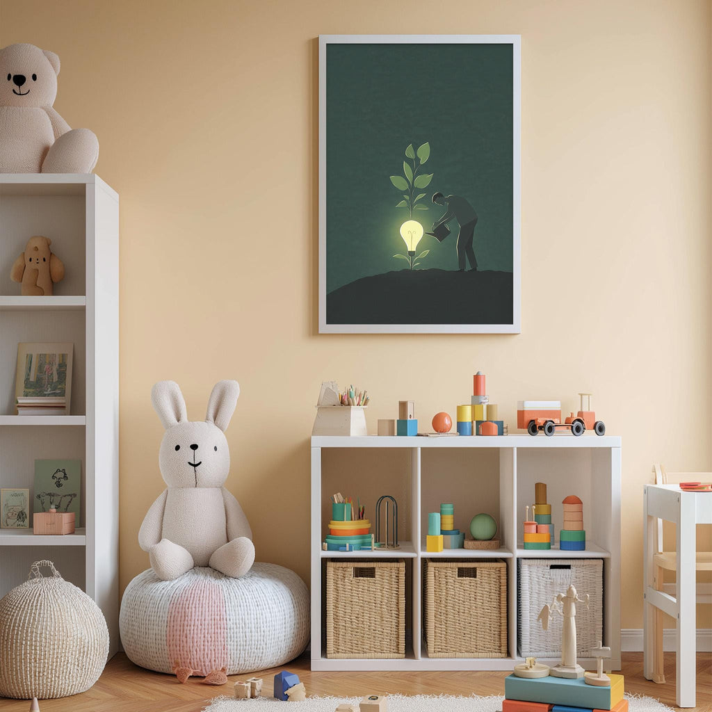 A cozy children's room with a white bookshelf, a plush rabbit, and a toy train. The room has a warm, inviting atmosphere with a framed picture of a plant growing from a light bulb hanging on the wall.