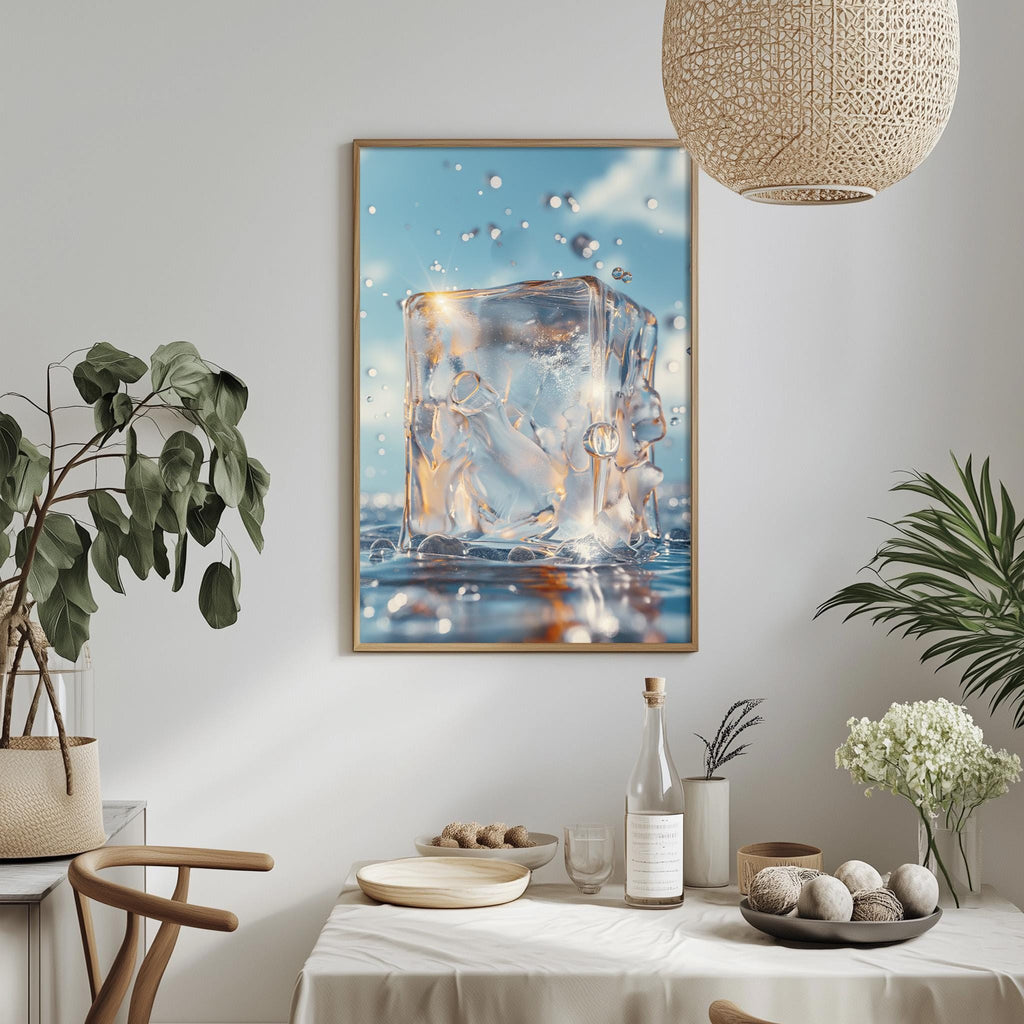 a dining table with a white tablecloth, a bowl of fruit, a bottle, and a vase with flowers. Above the table, there is a framed picture of a water droplet on ice.
