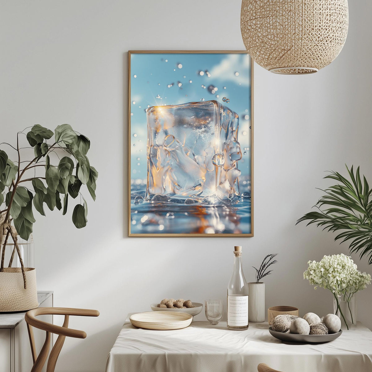 a dining table with a white tablecloth, a bowl of fruit, a bottle, and a vase with flowers. Above the table, there is a framed picture of a water droplet on ice.