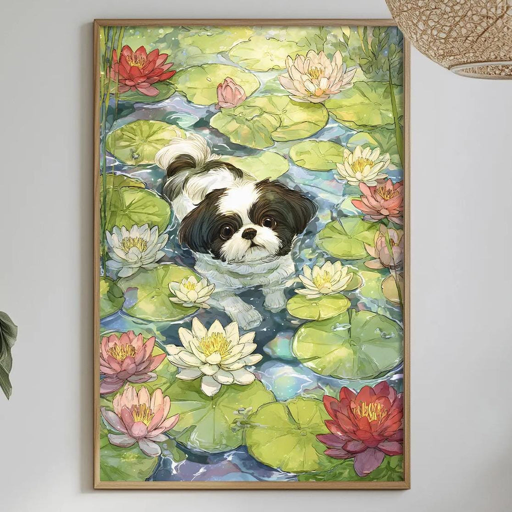 a framed painting of a dog swimming in a pond filled with lily pads, surrounded by colorful flowers. The painting is hung on a wall above a dining table with various decorative items, including potted plants, vases, and bowls.