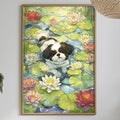 a framed painting of a dog swimming in a pond filled with lily pads, surrounded by colorful flowers. The painting is hung on a wall above a dining table with various decorative items, including potted plants, vases, and bowls.