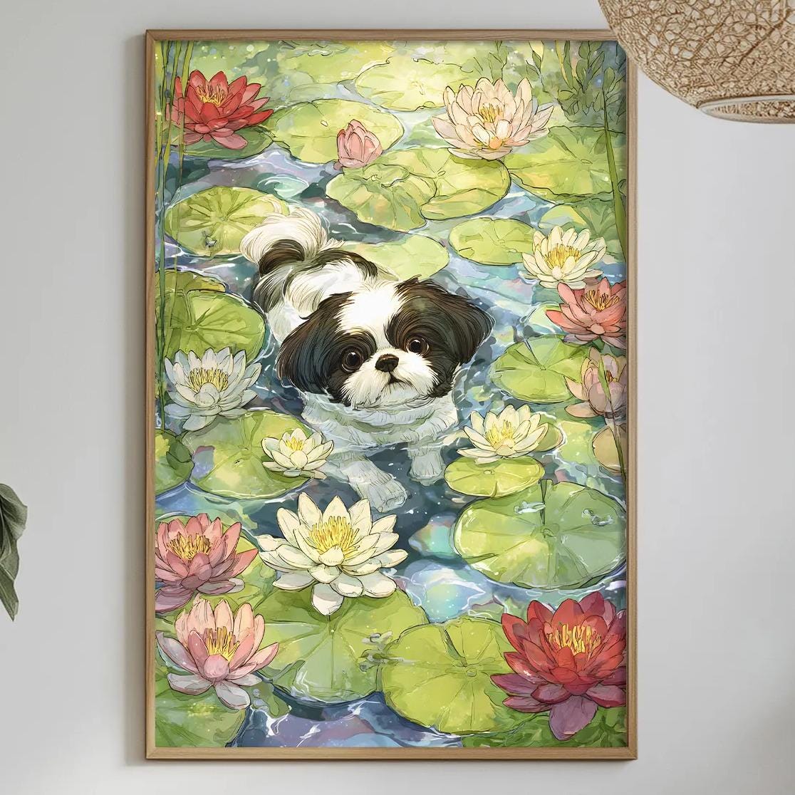 a framed painting of a dog swimming in a pond filled with lily pads, surrounded by colorful flowers. The painting is hung on a wall above a dining table with various decorative items, including potted plants, vases, and bowls.