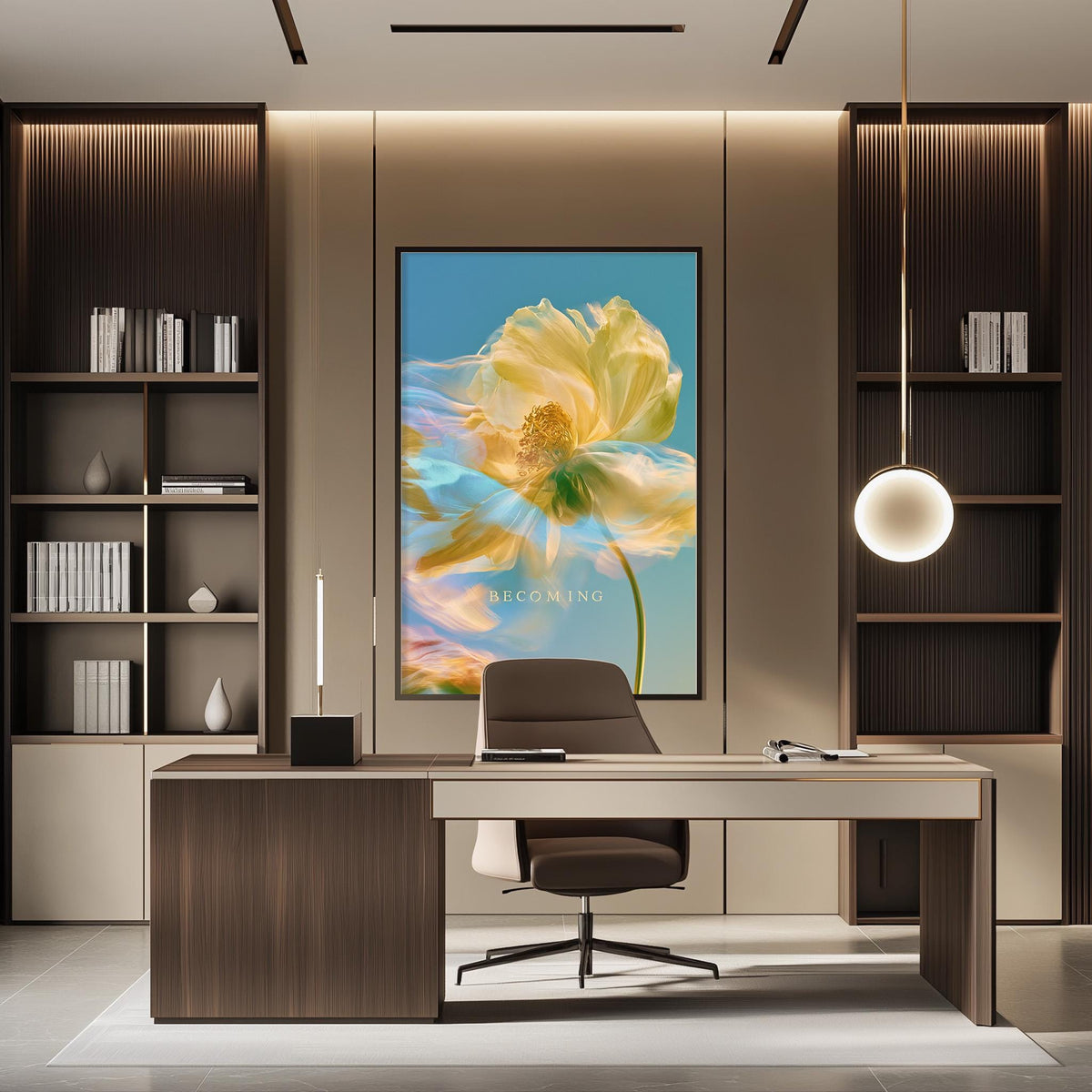 a modern and well-lit office space with a large framed artwork of a yellow flower on the wall, a wooden desk with a chair, and built-in bookshelves.