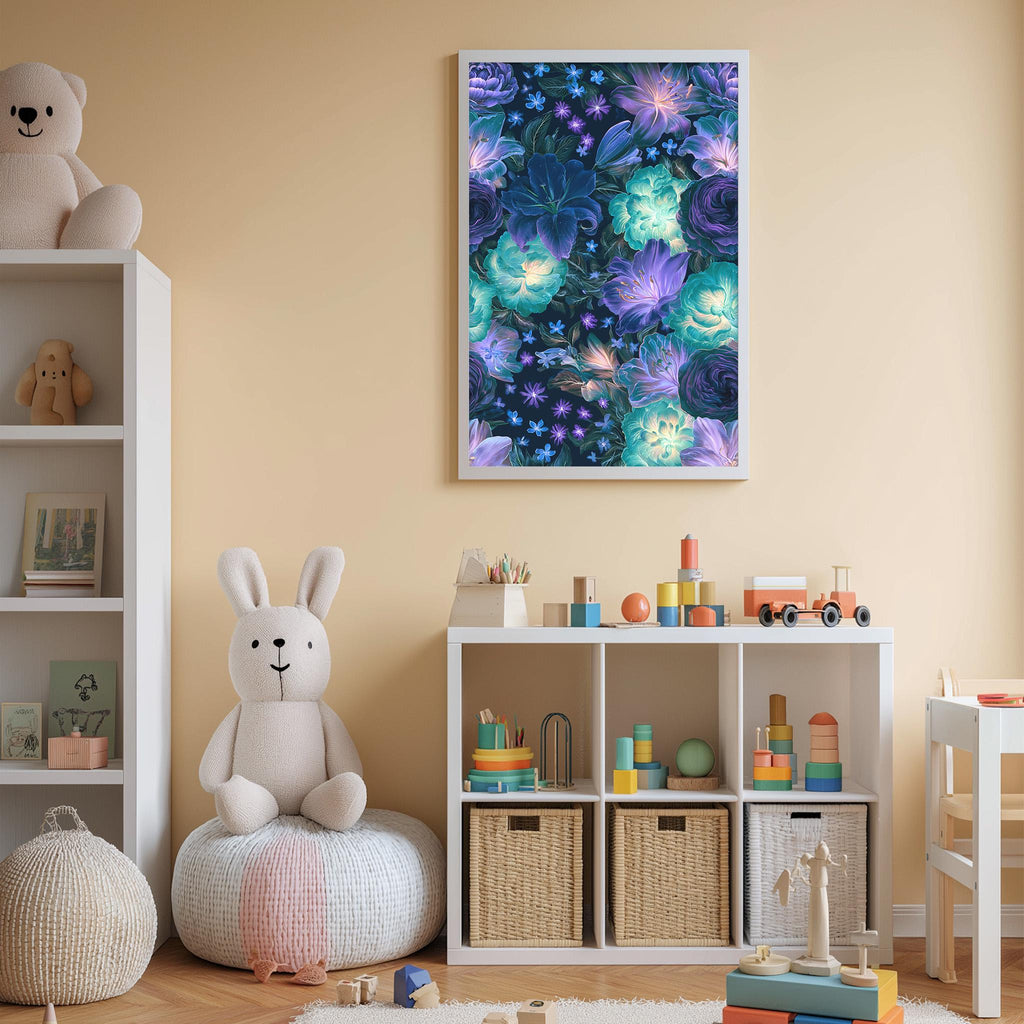 A cozy and colorful children's bedroom with a large floral print on the wall, a white bookshelf filled with toys, and a plush rabbit sitting on a bean bag chair.