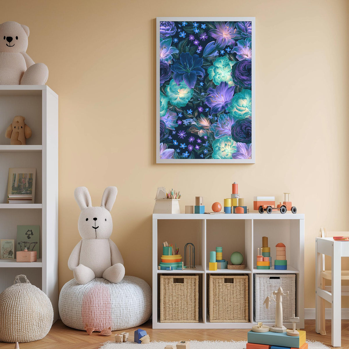 A cozy and colorful children's bedroom with a large floral print on the wall, a white bookshelf filled with toys, and a plush rabbit sitting on a bean bag chair.