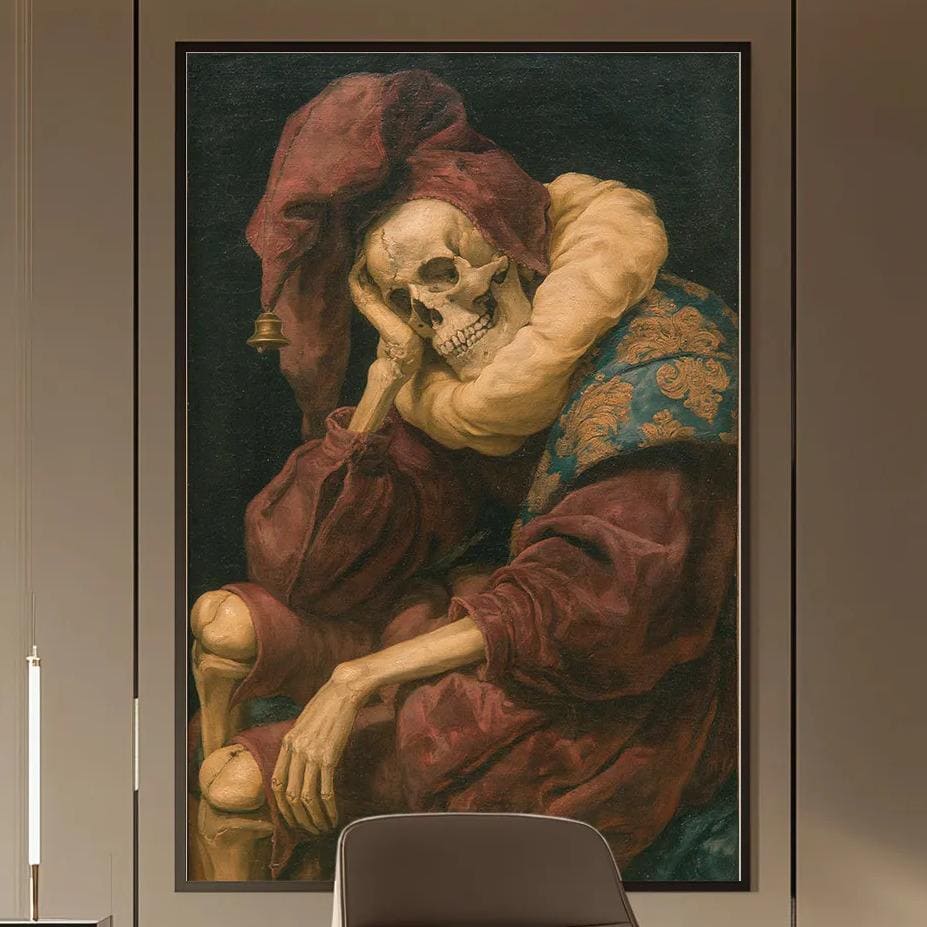 a modern office space with a large painting of a person in a red robe and a skull on the wall. The office has a wooden desk, a chair, and a bookshelf filled with books. The overall design and decor create a sophisticated and professional atmosphere.