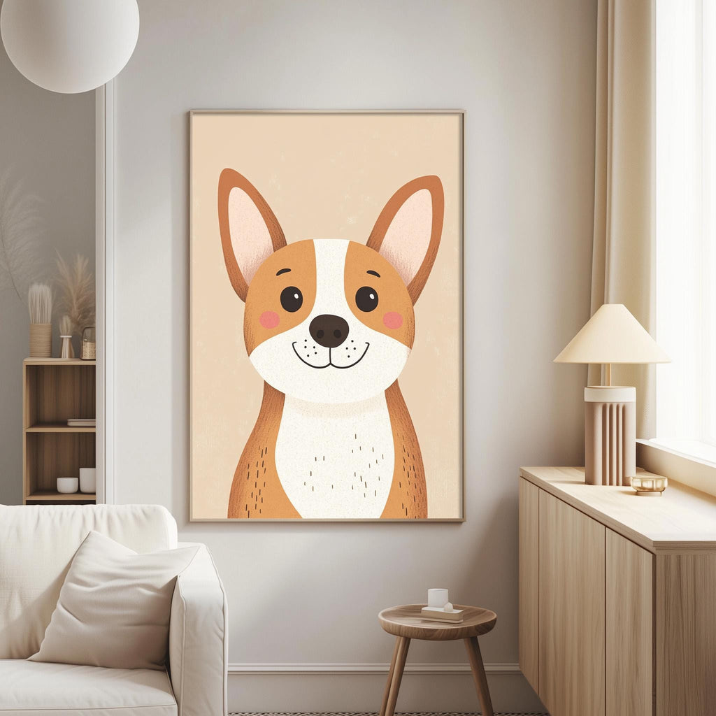 a cozy living room with a large framed picture of a cute dog on the wall. The dog has a friendly expression and is looking directly at the camera. The room is furnished with a white couch, a small table, and a lamp, creating a comfortable and inviting atmosphere.