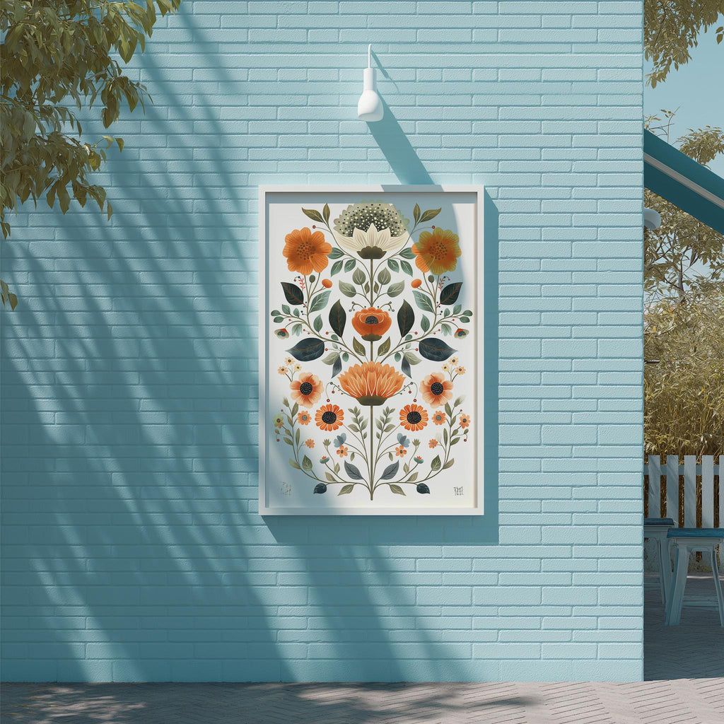 a vibrant floral print displayed on a blue wall, with a white light fixture above it.