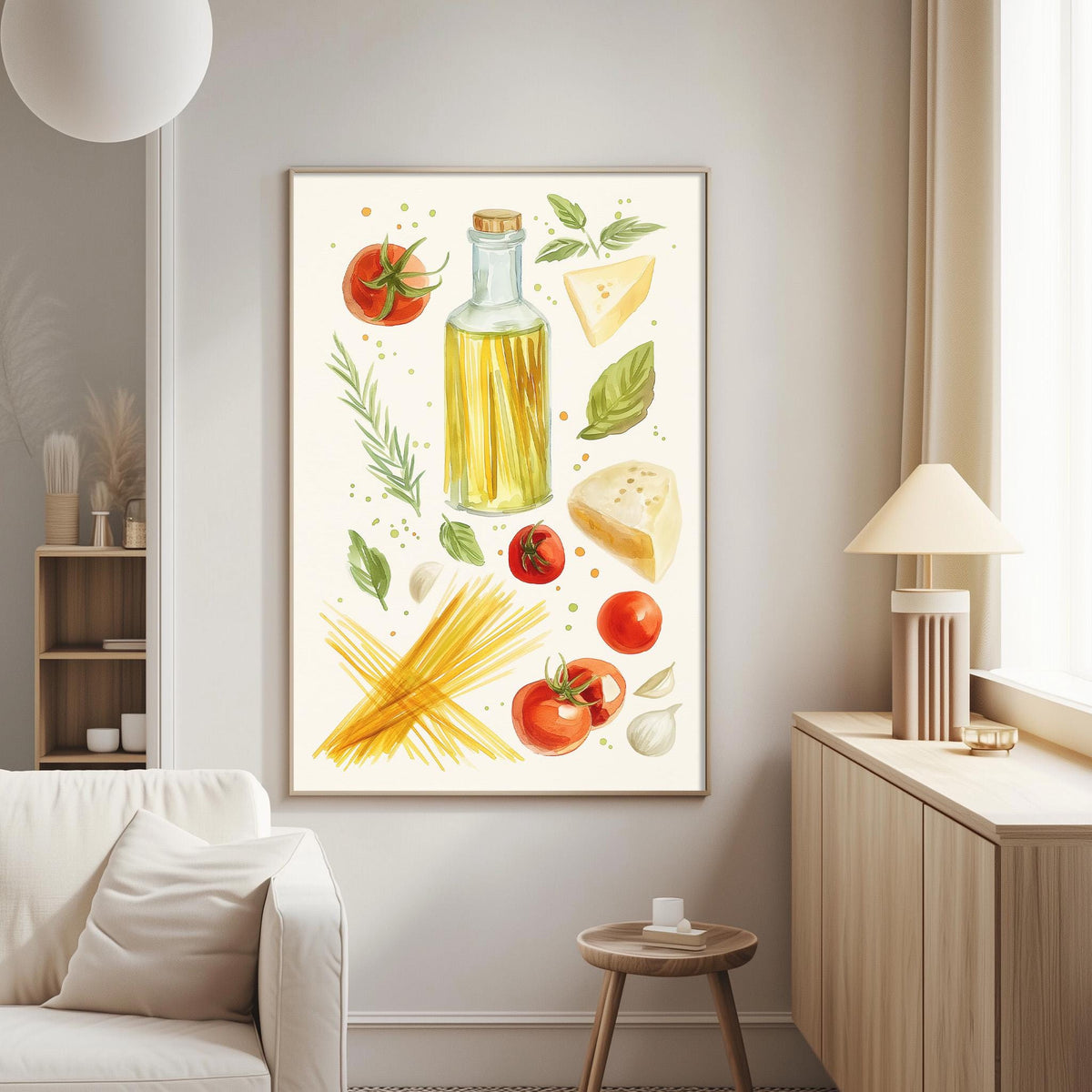 a living room with a white sofa, a wooden side table, and a framed print of Italian food items on the wall.