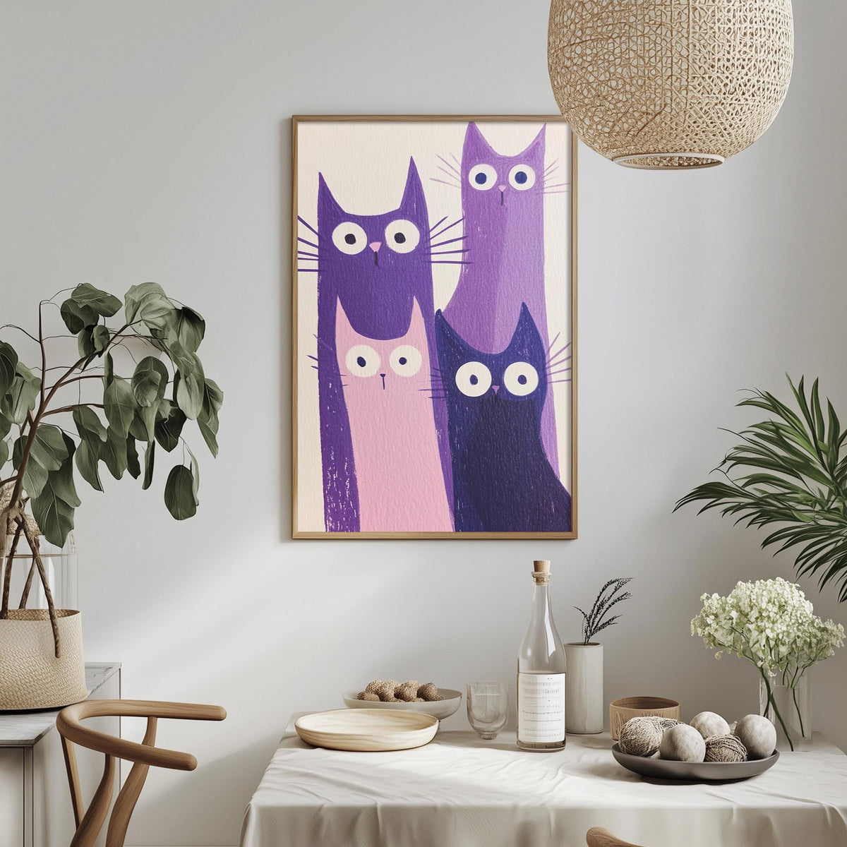 a dining table with a white tablecloth, a bowl of fruit, a bottle, and a vase with flowers. Above the table, there is a framed picture of four cats in different colors - purple, pink, blue, and black. The table is set with a plate, a bowl, and a bottle, creating a cozy and inviting atmosphere.