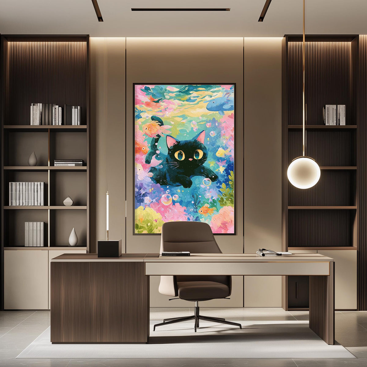 a modern office space with a large, colorful painting of a cat on the wall. The office has a wooden desk, a chair, and a bookshelf filled with books. The overall design and decor create a stylish and comfortable workspace.