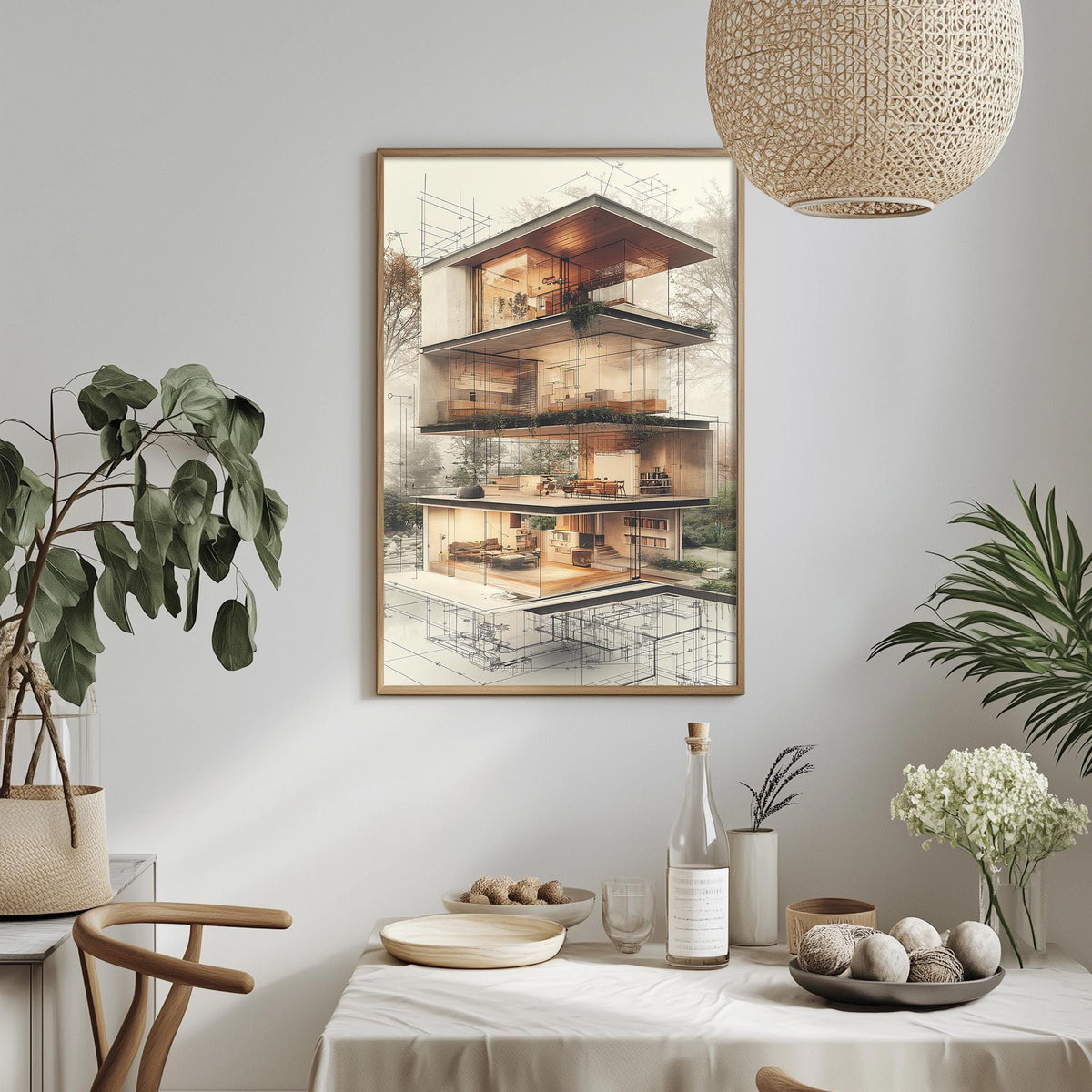 a modern, multi-level house design with a detailed architectural rendering, displayed on a wall above a dining table. The table is set with various items, including a bottle, a bowl, and a vase, creating a cozy and inviting atmosphere.