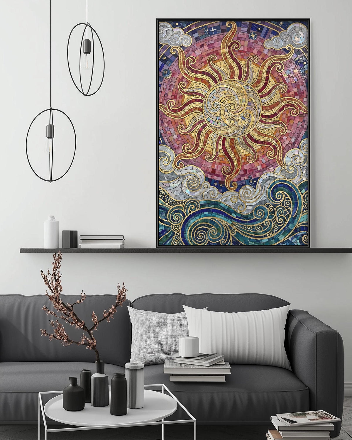 a large, colorful mosaic artwork hanging on a wall above a gray couch in a living room setting.