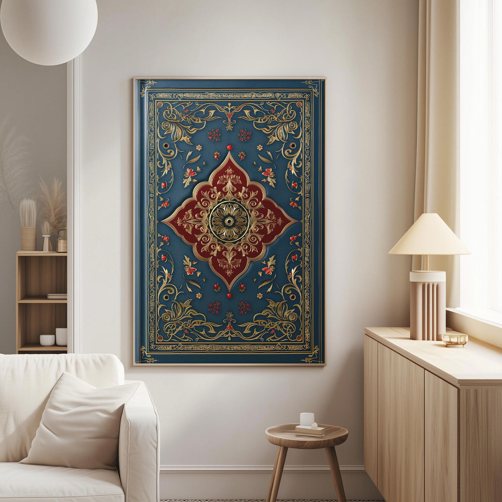 a living room with a large, ornate, and colorful painting hanging on the wall. The painting has a blue background with gold and red accents, and it appears to be a decorative piece. The room also includes a white couch, a small table, and a lamp, creating a cozy and inviting atmosphere.
