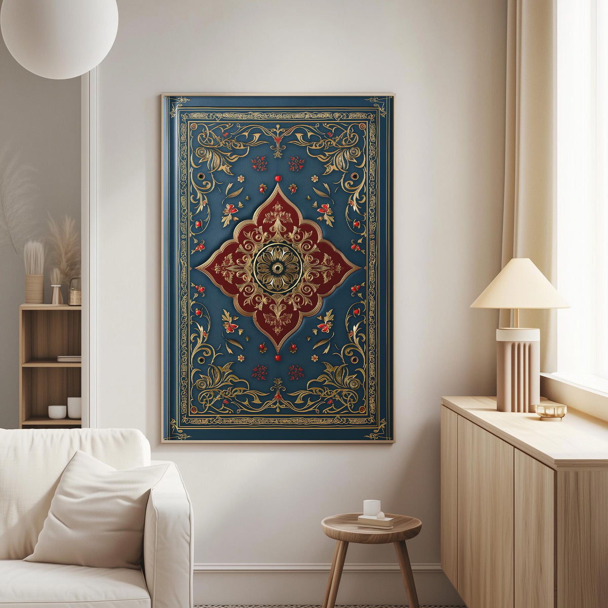 a living room with a large, ornate, and colorful painting hanging on the wall. The painting has a blue background with gold and red accents, and it appears to be a decorative piece. The room also includes a white couch, a small table, and a lamp, creating a cozy and inviting atmosphere.