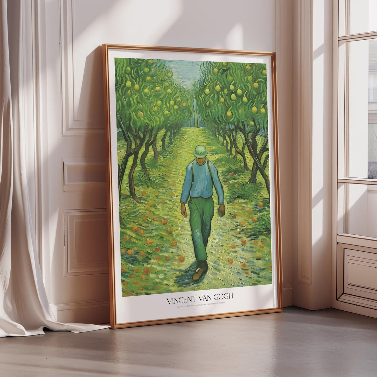 The image is a framed painting depicting a man walking through a lush, green landscape with trees and orange fruit.