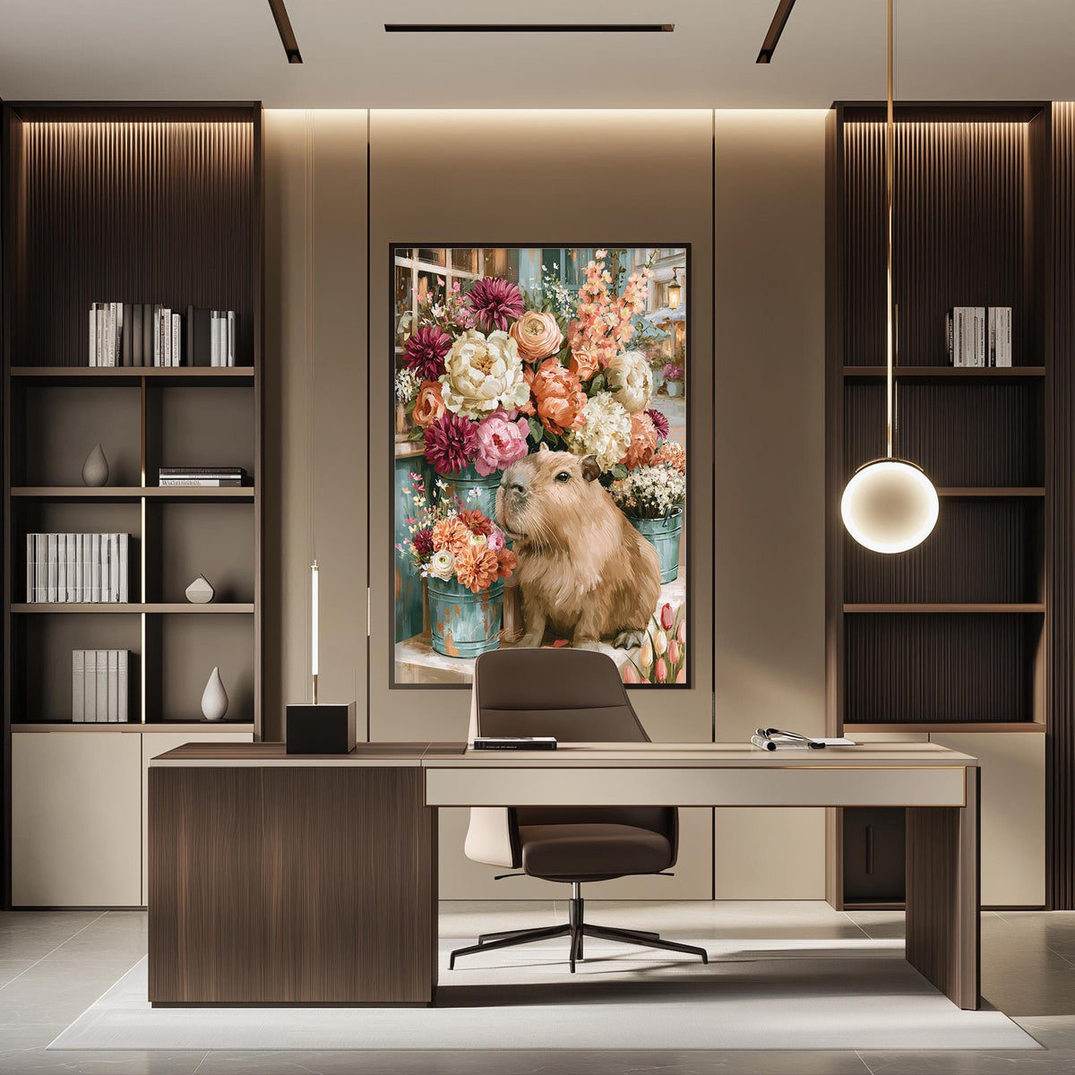 a modern office space with a large floral painting hanging on the wall, featuring a brown capoeir, a type of rodent. The office has a wooden desk, a chair, and a bookshelf filled with books. The overall design and decor create a warm and inviting atmosphere.