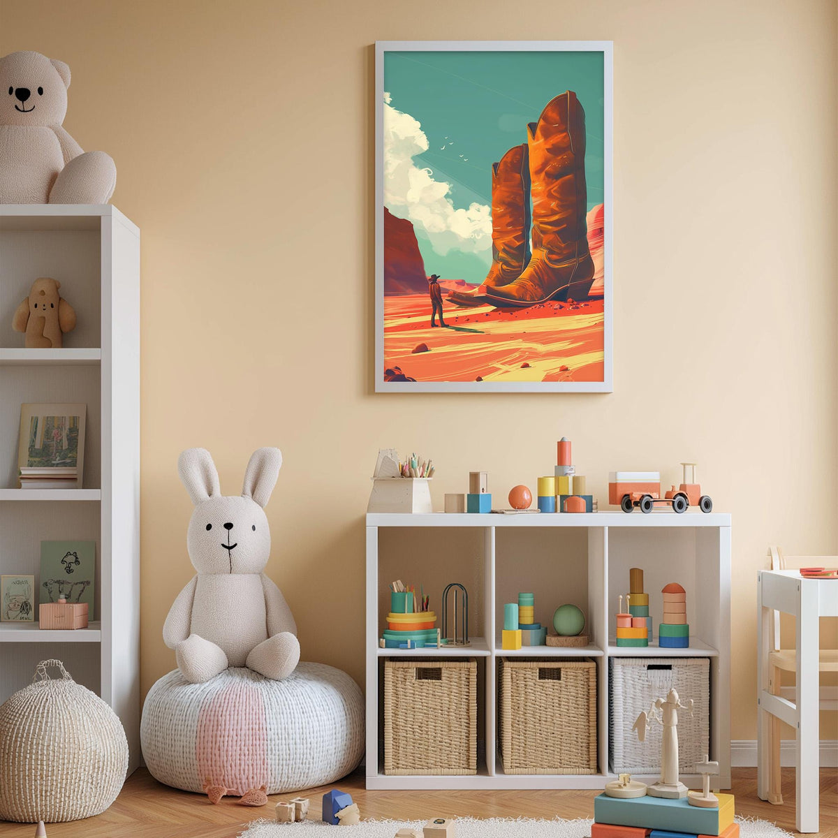 A child's bedroom with a large stuffed bunny, a toy shelf with various toys, and a framed landscape painting depicting a desert scene with tall boots.