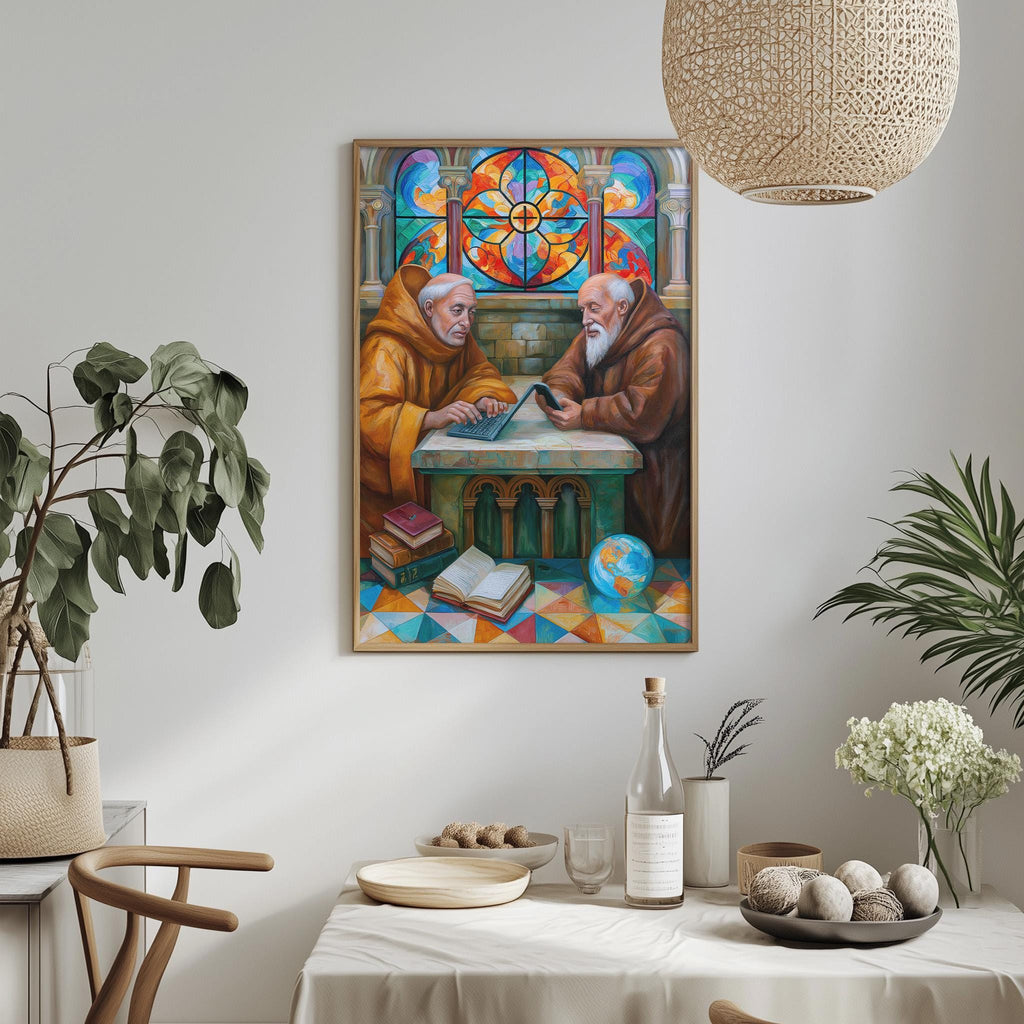 a painting of two elderly men, possibly monks, sitting at a table and engaged in conversation. The painting is hung on a white wall above a dining table, which has various items on it, including a bottle, a bowl, and a vase. The room also has potted plants and a hanging light fixture, creating a cozy and inviting atmosphere.