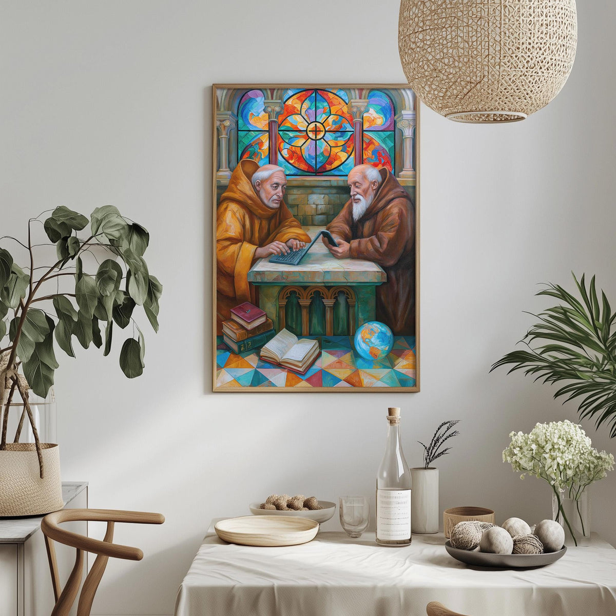a painting of two elderly men, possibly monks, sitting at a table and engaged in conversation. The painting is hung on a white wall above a dining table, which has various items on it, including a bottle, a bowl, and a vase. The room also has potted plants and a hanging light fixture, creating a cozy and inviting atmosphere.