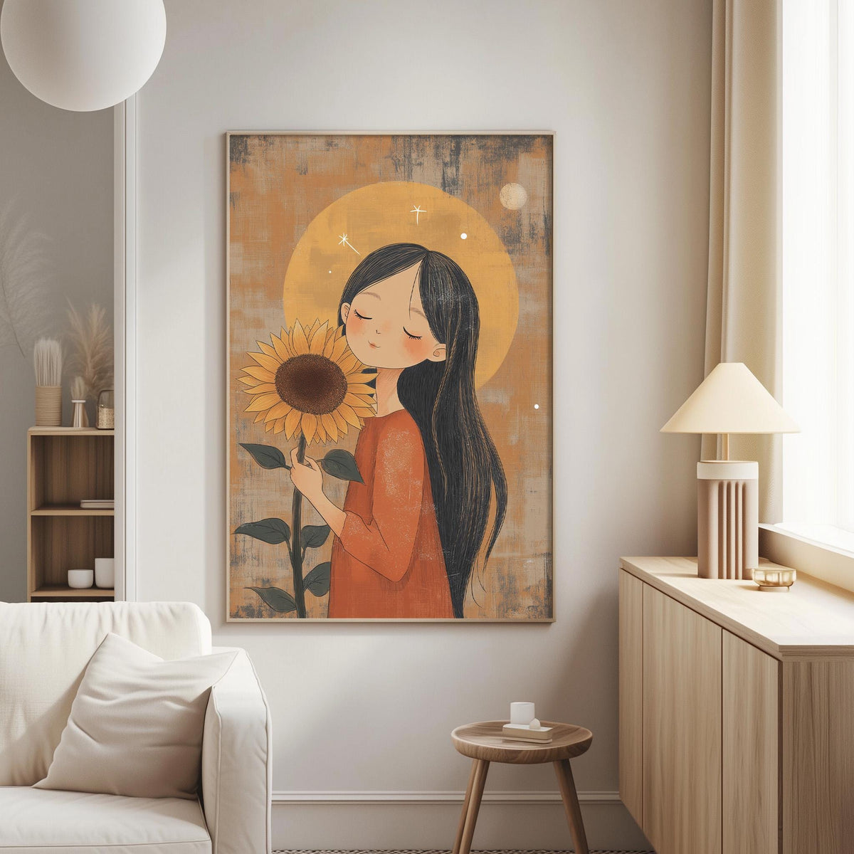 a cozy living room with a large, colorful painting of a woman holding a sunflower hanging on the wall. The painting is surrounded by various decorative elements, such as a lamp, a bookshelf, and a couch.
