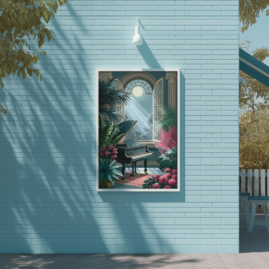 a painting of a piano surrounded by tropical plants and flowers, hanging on a light blue brick wall.
