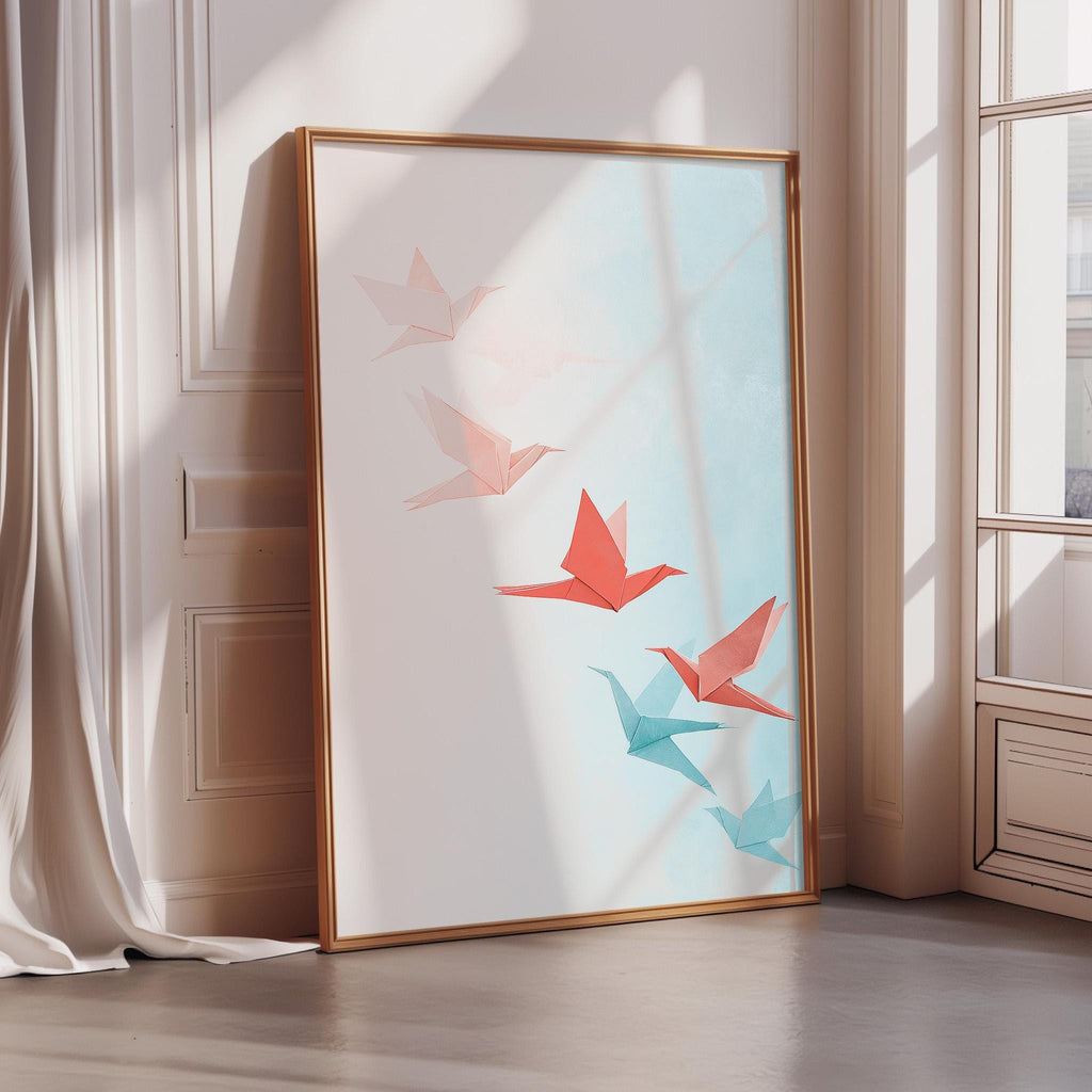 A large framed artwork depicting a group of colorful origami birds is displayed in a room with a window and a white curtain.
