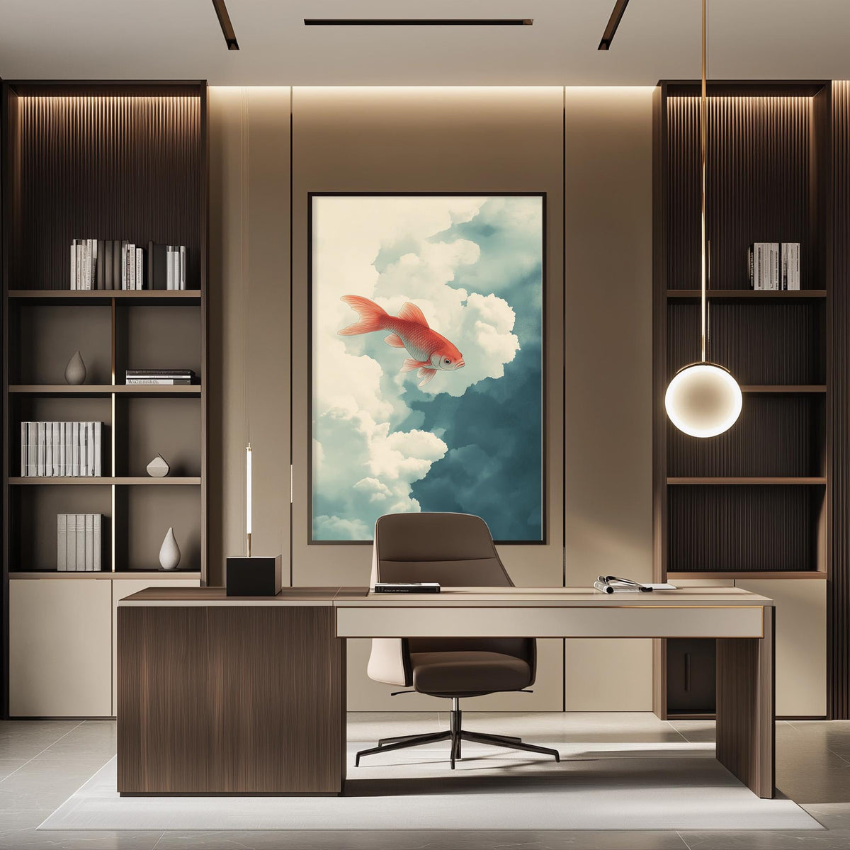 a modern and stylish office space with a large framed artwork of a fish swimming in the clouds on the wall. The office features a wooden desk, a comfortable chair, and a bookshelf filled with books. The overall design and decor create a serene and inspiring atmosphere.