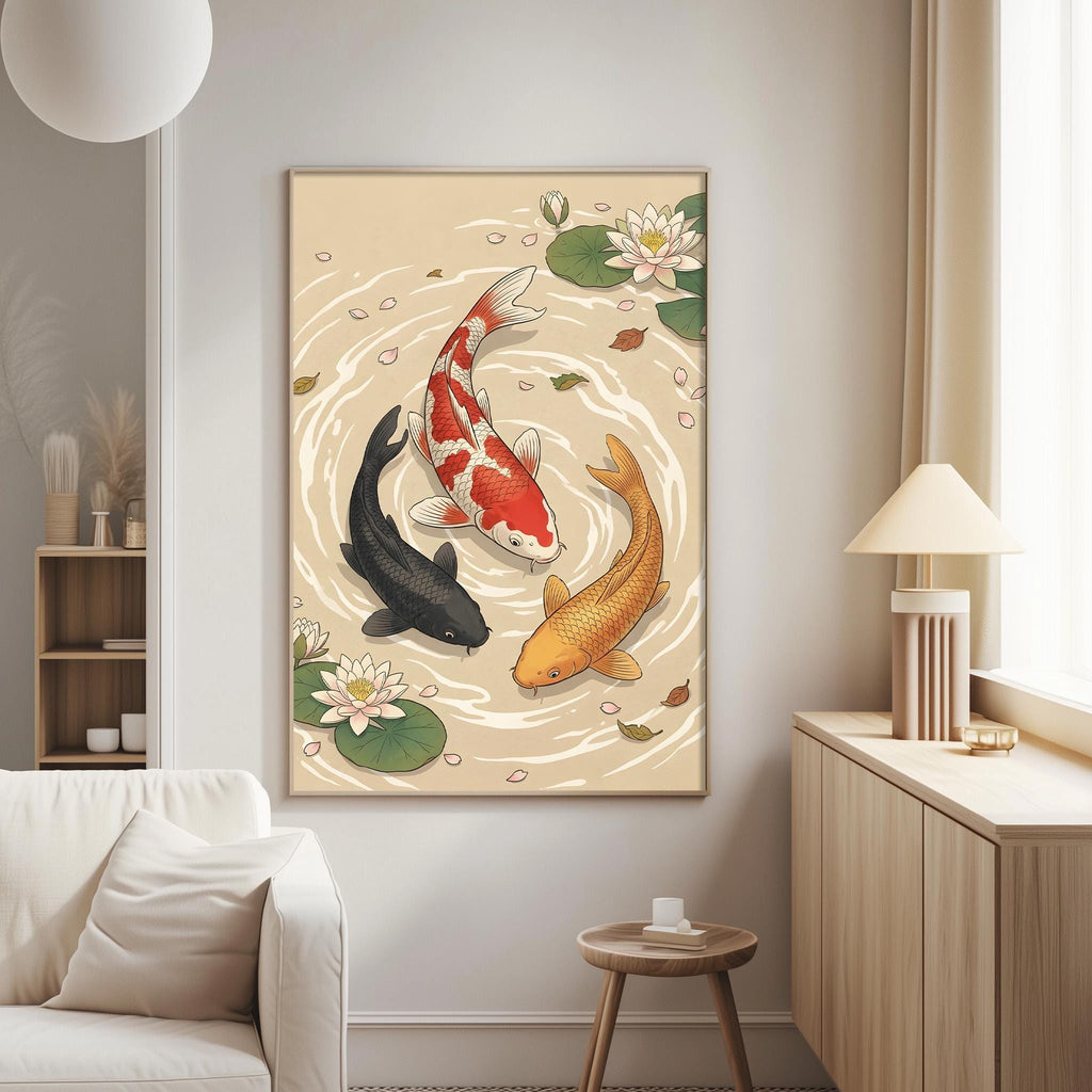 a living room with a large painting of three koi fish swimming in a pond, surrounded by lily pads and flowers.