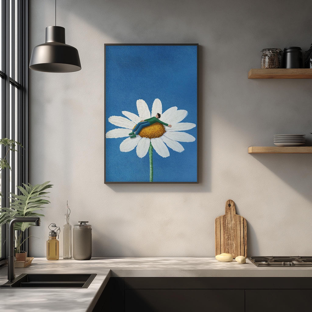 a kitchen counter with a framed painting of a white daisy flower hanging on the wall above it. The painting is surrounded by various kitchen items, such as a cutting board, a bottle, and a bowl.