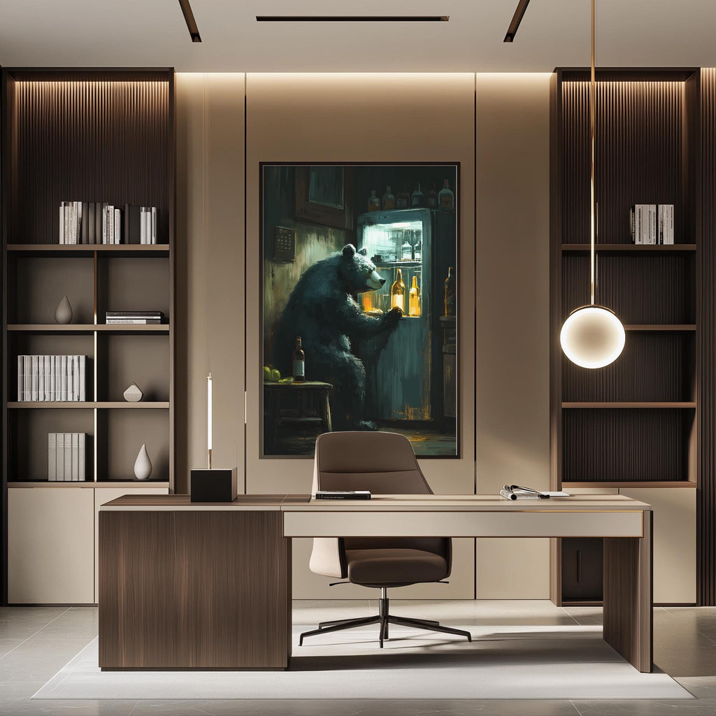 a modern office space with a large painting of a bear sitting in front of a refrigerator. The office features a desk, chair, and bookshelves, creating a professional and stylish atmosphere.