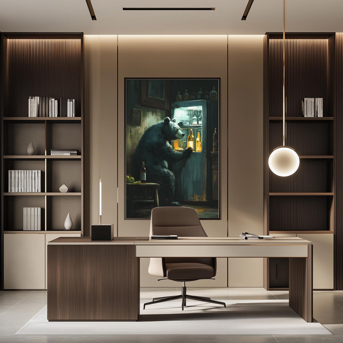 a modern office space with a large painting of a bear sitting in front of a refrigerator. The office features a desk, chair, and bookshelves, creating a professional and stylish atmosphere.
