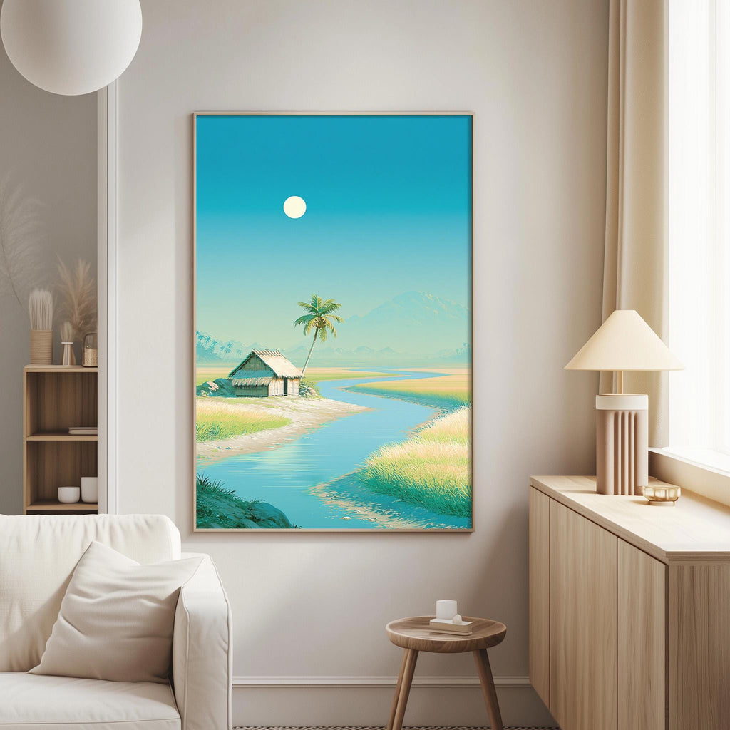a serene tropical landscape with a small hut, palm trees, and a calm river, all set against a clear blue sky with a full moon.